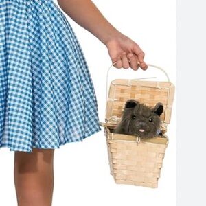 TOTO in Basket and Blue & White Gingham Collar for Dorothy, Wizard of Oz Costume